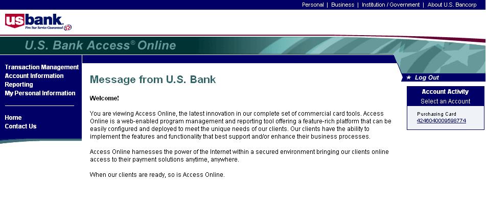 Message from U.S. Bank Welcome to Access Online!