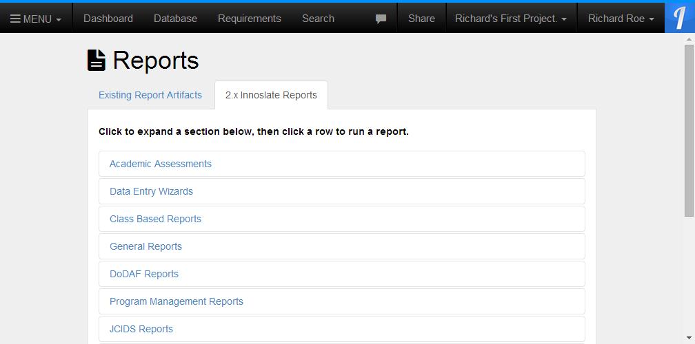 reports. Over eighty reports previously accessible from the Reports Dialog in Innoslate 2.x are now accessible solely via this Reports tool, specifically the tab labeled 2.