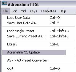 UPDATING ADRENALINN III OPERATING SYSTEM Select Midi Out port your Adrenallin is connected to (See: MIDI SETUP).