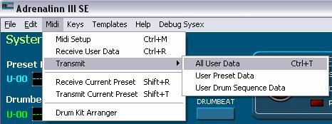 Transmitting User Data To transmit User Data from the Editor to Adrenalinn select "Transmit" from Midi menu. Here you have few choices to send only Drum Beat bank or Preset bank or all data.