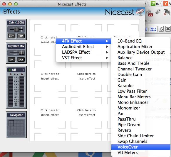 Nicecast Setup - Effects There are a lot of effects in Nicecast but we are only gonna show one - Voice Over. What voice over does is, it allows you to speak while your music is in the background.