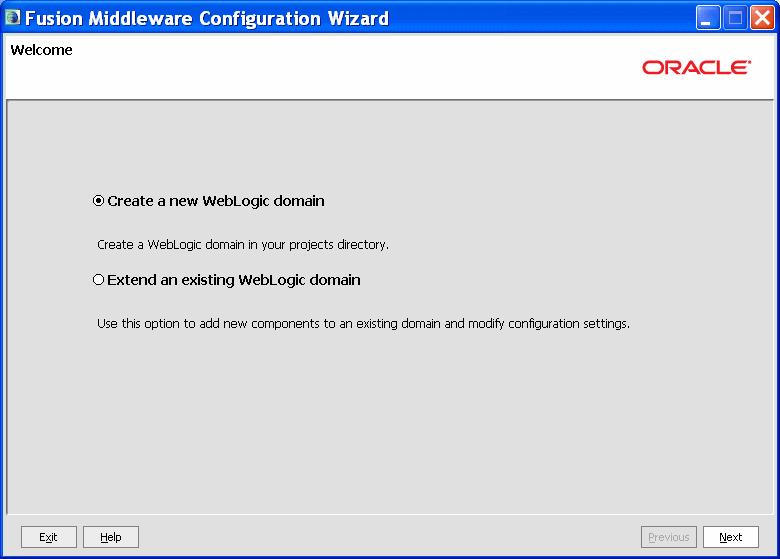 Welcome Configure JMS File Stores Configure RDBMS Security Store Database Configuration Summary Creating Domain 4.1 Welcome The Welcome screen displays when you start the Configuration Wizard.