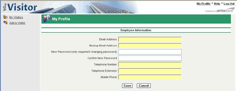 The My Profile page allows users to change their ivisitor Login password. This page also allows users to update their telephone / pager contact information.