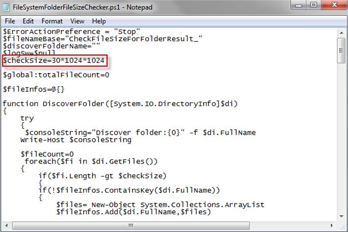 Figure 66: The nde in the FileSystemFlderFileSizeChecker.ps1 file.