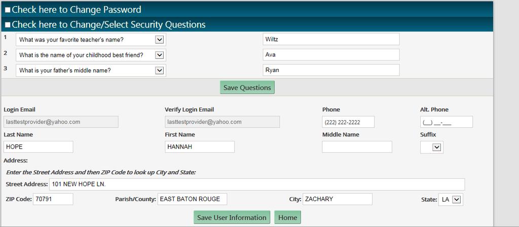 You may then select 3 security questions from a drop down list and provide the corresponding answer to each. You must then select Save Questions.