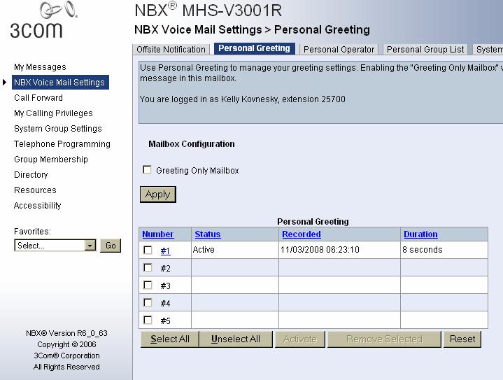 NBX Vice Mail Settings Persnal Greeting - Change