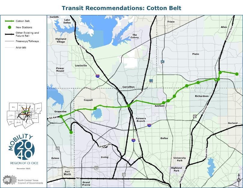 Cotton Belt Corridor Proposed Recommendations Mobility 2040 will include the RTC Policy Position on Transit Implementation in the Cotton Belt Corridor (P16-01) Regional Rail line from DFW Airport to