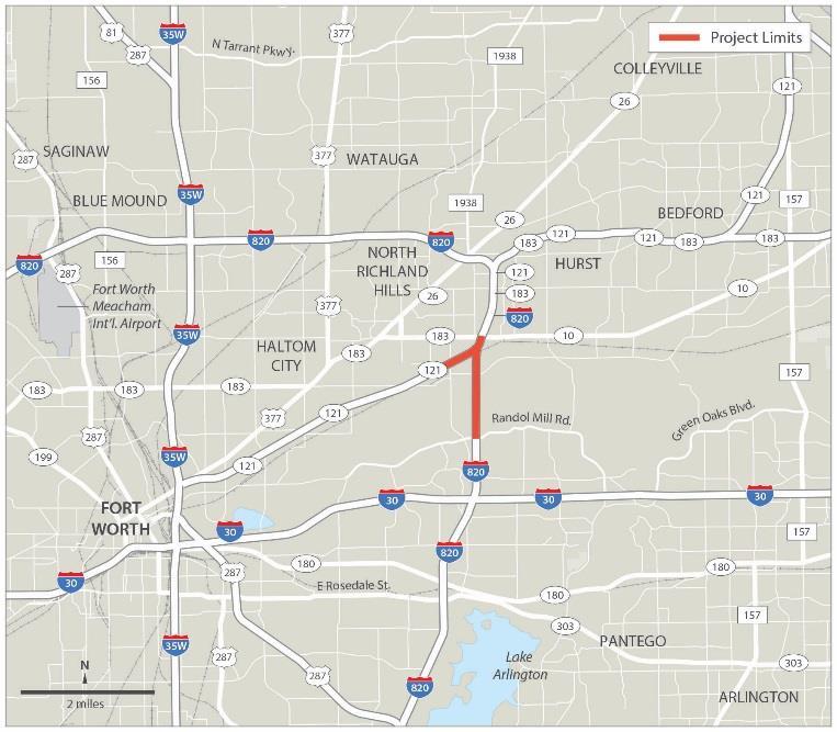 IH 820 (STAGED) Project scope includes: From North of SH 121 to Randol Mill Road Widen 4 to 6 main lanes, replace Trinity River bridges, re-beam IH 820 bridges, add eastbound SH 121 to southbound IH