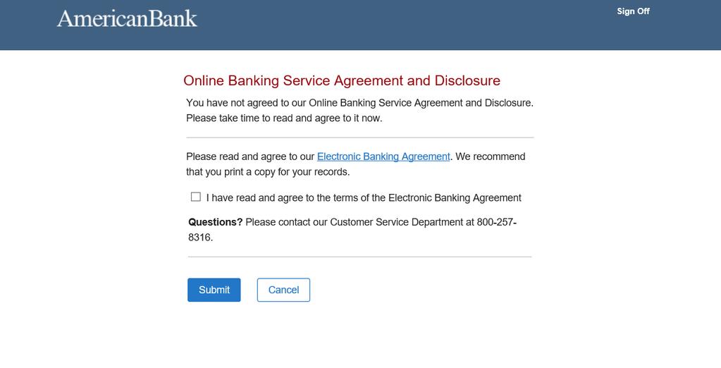 Step 9 You must acknowledge the Electronic Banking Agreement by clicking on the link. A new window will pop up containing the agreement.