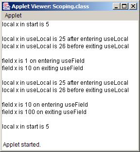 52 // usefield modifies Scoping's field x during each call 53 public void usefield() 54 { 55 outputarea.append( "\n\nfield x is " + x + 56 " on entering usefield" ); 57 x *= 10; 58 outputarea.