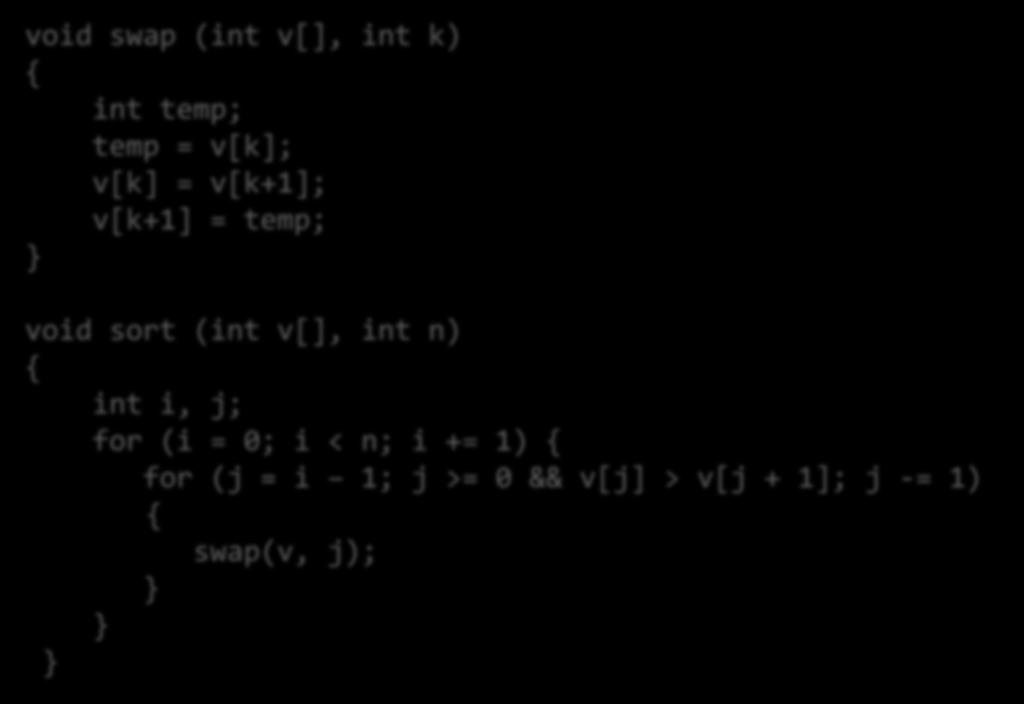 C Sort Example (1) Bubble sort in C void swap (int v[], int k) { int temp; temp = v[k]; v[k] = v[k+1]; v[k+1] = temp; } void sort