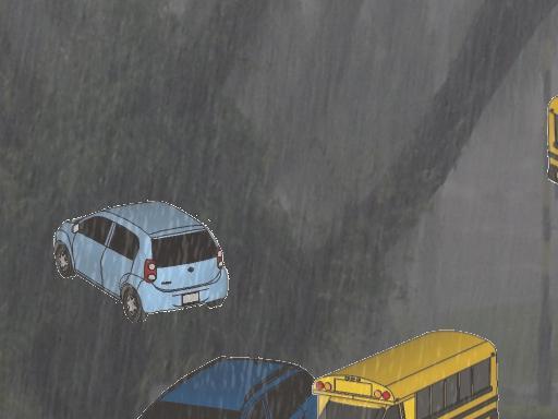 The car models are uniformly distributed in the first image and are rendered on the second image using the transformation with Rain (FVR), using a