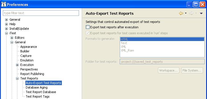 Or you can set a preference to auto-export a test report whenever a test case executes. On the Preferences page, navigate to itest > General > Test Reports > Auto Export Test Reports 2.