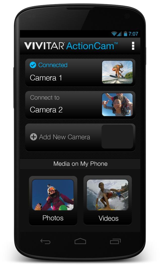 USING THE VIVITAR ACTION CAM APPLICATION HOME SCREEN The Vivitar Action Cam application gives you the option to connect three Vivitar Action Camcorders. Only one Action Cam can be connected at a time.