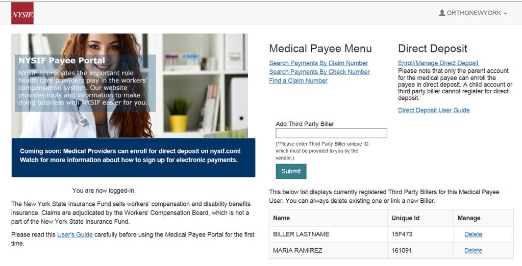 Medical Provider Landing Page; Enroll in Direct Deposit Upon logging in, the user will be presented with all available online services.