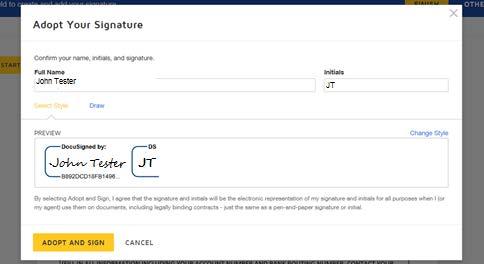 The screen will again gray out the document, and a pop-up box will open. The user must enter their full name in the corresponding field. DocuSign will convert the name into a signature.