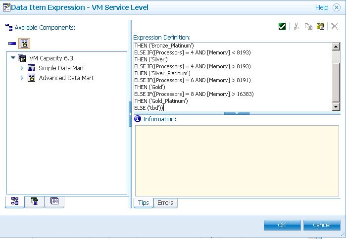 5. Business Insight Advanced will validate the conditional expression (nice to know if you got it right) and create the column called VM Service Level and populate it based on the query.