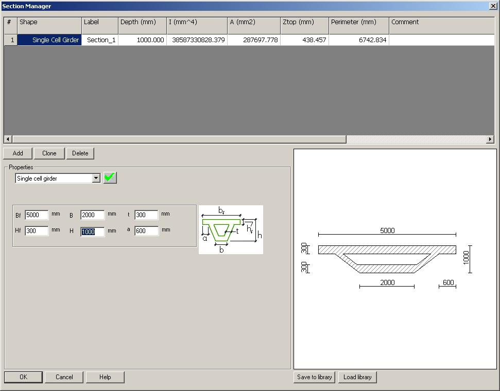 FIGURE 2.1-9 15. In Section Manager go to Properties and select Single cell girder. Put Bf = 5000 mm, B = 2000 mm, t = 300 mm, Hf = 300 mm, H= 1000 mm, a = 600 mm. Then click on the green check mark.