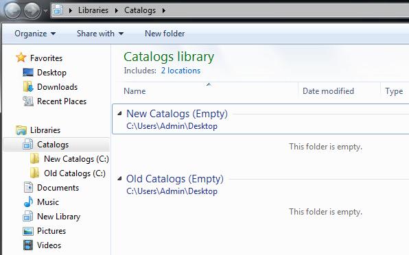 To add another folder (Old Catalogs), we can right-click it, select the "Include in library" option, and then select our newly created library from
