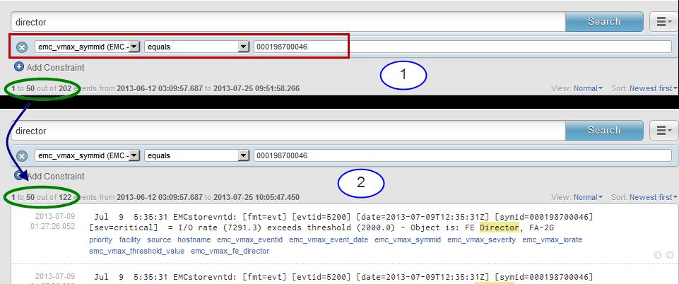 Now that he has the director entries, he needs to filter those events further to the VMAX array he uses. He examines one of the log entries to see what pre-defined fields might assist him.