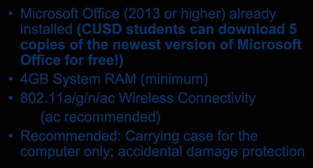Minimum Requirements As indicated on the AAAL Website: Microsoft Office (2013 or higher) already installed (CUSD students can download 5 copies of the newest version of