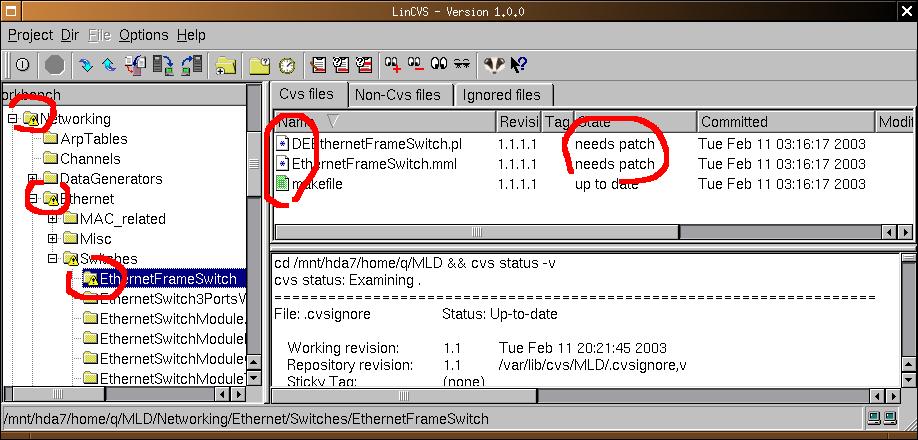 3.3 Managing a library with CVS Figure 3.6: LinCVS showing files which need patch 3.3 Managing a library with CVS This chapter shows you how to maintain your library with LinCVS.