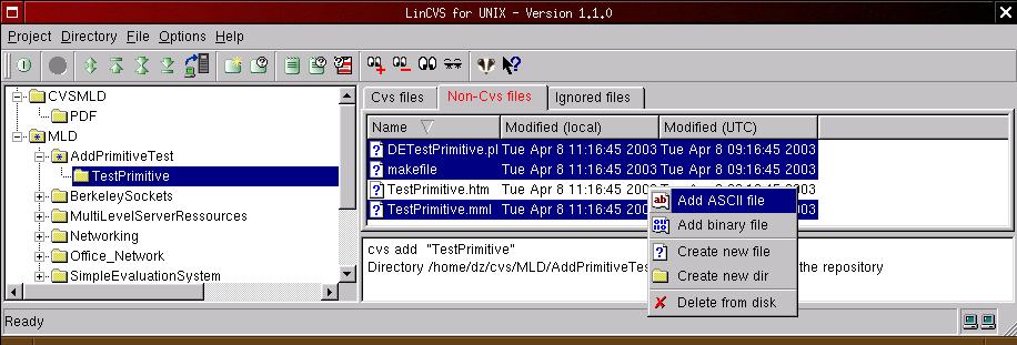 13: LinCVS showing a new directory in the Non-CVS files tab After LinCVS has reread the directory structure of your library you can add the necessary files 12.