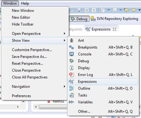 ECLIPSE DEBUGGING Expressions Window Used to show the results of custom