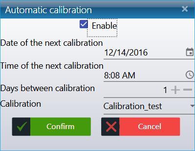 If it is requested for an automatic calibration, it is necessary to define the date and time for the first automatic calibration, and then the number of days (0-999) before any next automatic