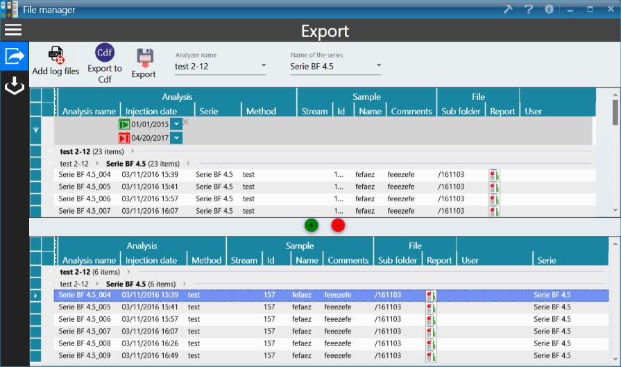 By default, the export mode is activated, the first data table contains all the analyzes corresponding to the selected analyzer and series.