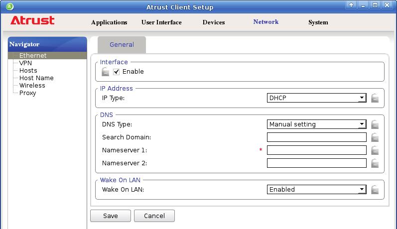 94 Configuring Client Settings Configuring Network Settings 1. On Atrust Client Setup, click Network > Ethernet. 2.