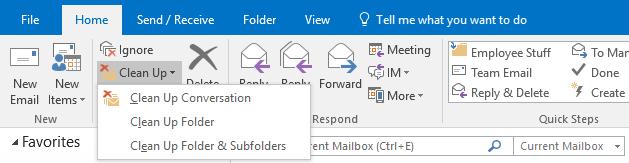 Outlook Ribbon Home Tab Ignore/Clean Up Use Ignore or Clean Up Conversation to delete redundant messages The Ignore or Clean Up Conversation feature in Outlook can reduce the