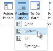 attachments, such as Microsoft Office documents, appear in the Reading Pane, Right.