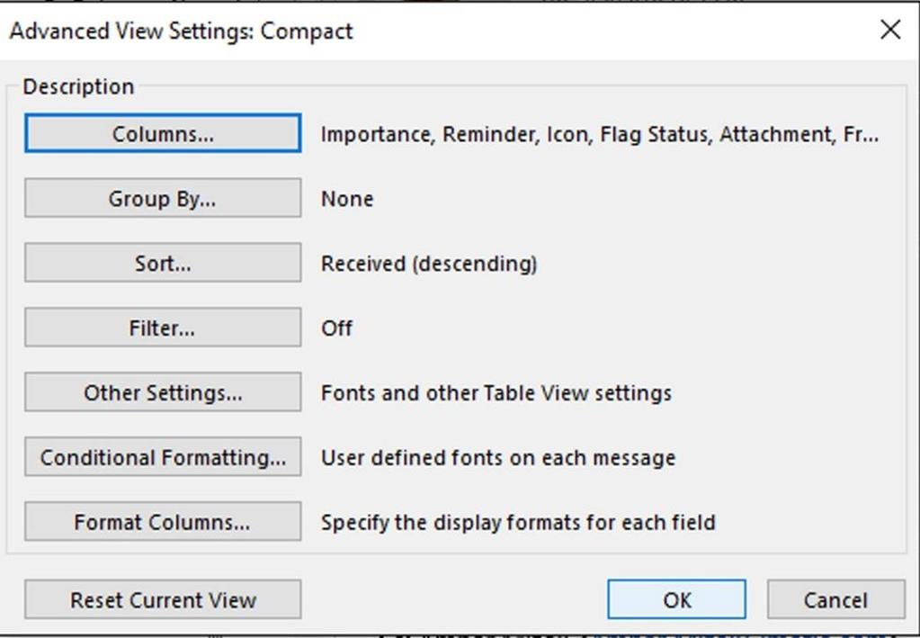 Outlook Ribbon View Tab View Settings Conditional Formatting Change incoming