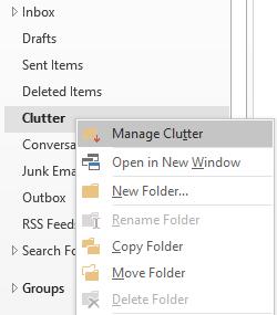 Outlook Folders Clutter Tool Use the Clutter Tool to sort low-priority messages The Clutter feature learns how you prioritize your mail, and then helps