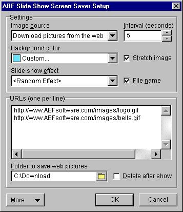 Actions 10 Figure 6: Options for pictures from the Web. Also you can specify other common options, such as Interval of picture changing, Background Color, and Slide Show Effect.