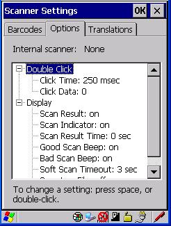 Chapter 5: Configuration Options 5.10.6 Options This tab allows you to tailor the double-click parameters and the display options associated with your scanner. 5.10.6.1 Double Click Parameters Click Time (msec) This parameter controls the maximum gap time (in milliseconds) for a double-click.