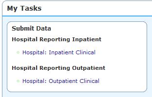 9) In the Submit Data box, click on the Hospital: Inpatient Clinical or Hospital: Outpatient Clinical link,
