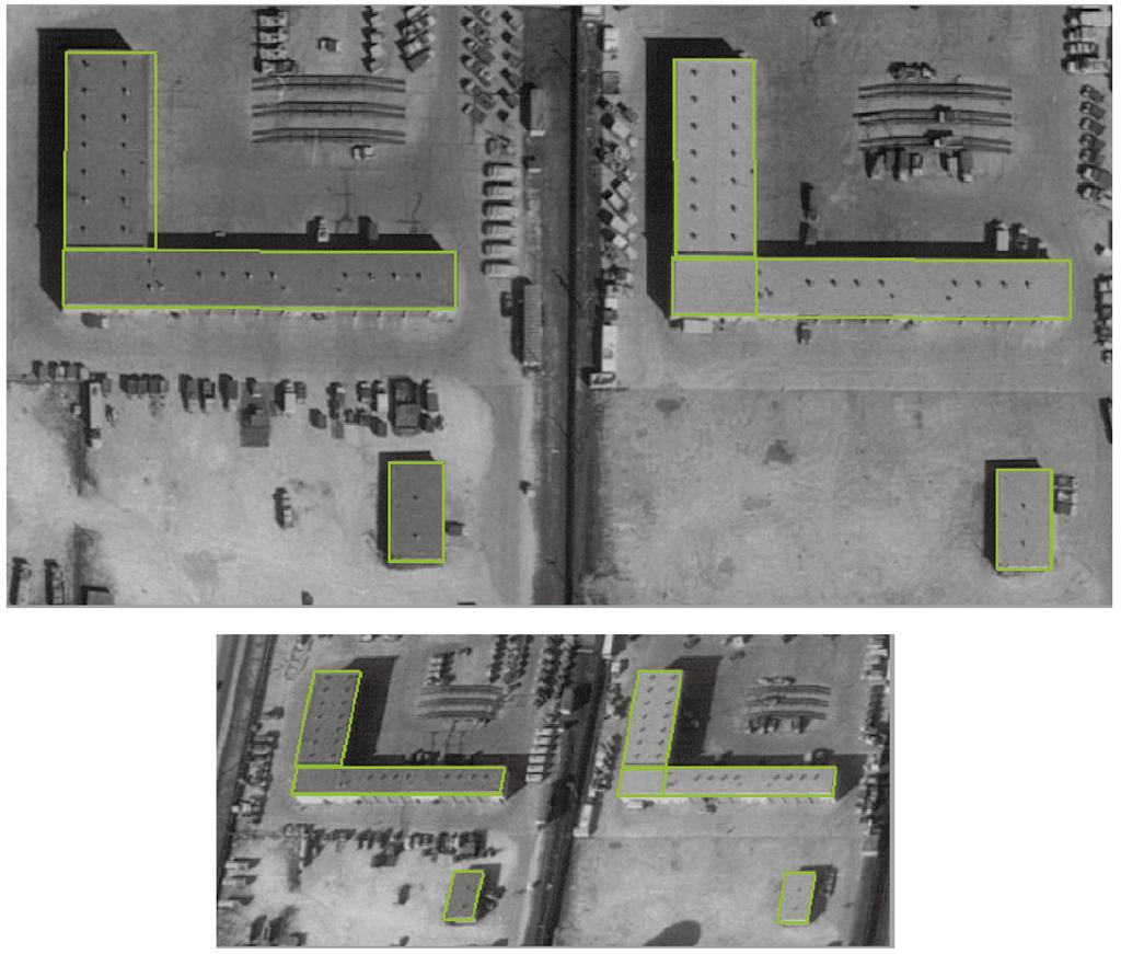NORONHA AND NEVATIA: DETECTION AND MODELING OF BUILDINGS FROM MULTIPLE AERIAL IMAGES 511 Fig. 13. Verified hypotheses for the images in Fig. 1. Denote the projection of P 1 though P 6 in view i by p 1i through p 6i (refer to Fig.