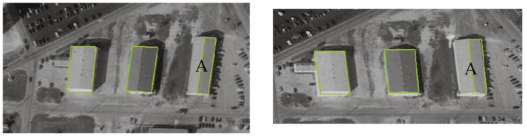 NORONHA AND NEVATIA: DETECTION AND MODELING OF BUILDINGS FROM MULTIPLE AERIAL IMAGES 513 Fig. 16. Gable-roof buildings detected as flat-roof buildings. Left image is 456x250 with GSD of 0.