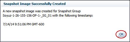The default settings for the volume group or disk pool appear in the bottom-left corner of the Create Snapshot Image dialog box. Figure 161 Create Snapshot Image 4.