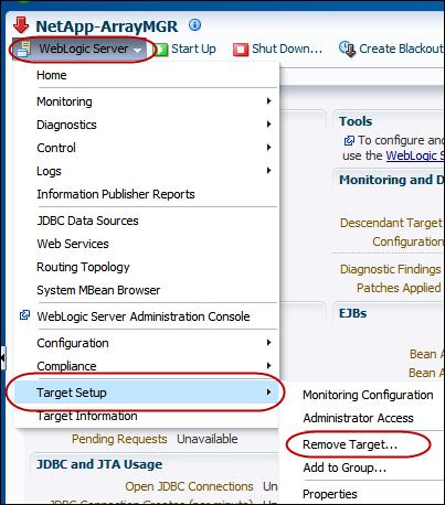 Select WebLogic Server >> Target Setup >> Remove Target.