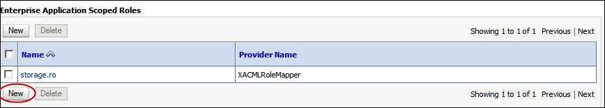 7. Click OK. The role name appears in the Enterprise Application Scoped Roles table. Figure 33 Enterprise Application Scoped Roles Dialog Box 8. Click New.