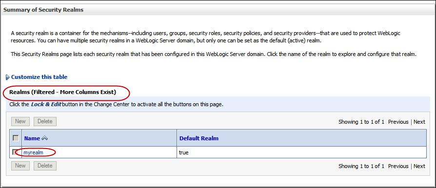 Adding a Read/Writer User 1. In the Domain Structure in the WebLogic Server Administration Console, click Security Realms.
