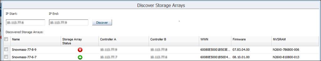 Figure 71 Discovered Storage Arrays Table 4. Add the discovered storage arrays to the Array Manager. To add individual storage arrays, select the box next to each storage array name.