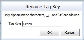 3. Click Rename. The Rename Tag Key dialog box appears. Figure 91 Rename Tag Key Dialog Box 4. In the Tag Key text box, select and delete the current tag key. 5. Type the new tag key. 6. Click OK.