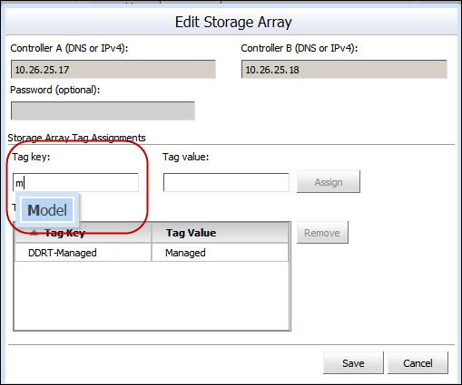 Until a newly added tag key and tag value pair has been initially assigned to a storage array, the Manage Tags dialog box does not show the storage array.