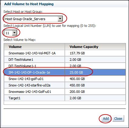 7. Select the volume to add to the host or host group. Figure 134 Add Volume to Host Mapping Select Volume to Map 8. Click Add.