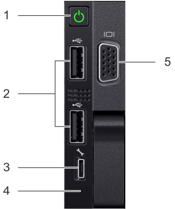 DD3300 Figure 17 Right control panel 1. Power button 2. Not Supported -- 2 x USB 2.0 ports (Not supported) 3. Not Supported -- idrac Direct port (micro USB 2.0) 4. idrac Direct LED 5.
