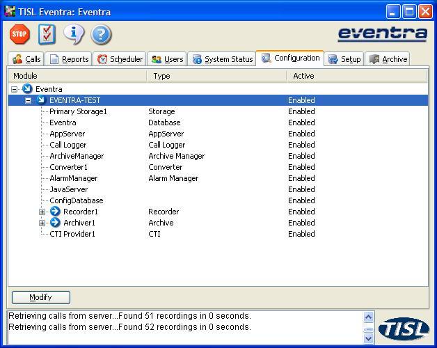 7.2. Verify TISL Eventra Step Description 1. In the Eventra client window, click on the Configuration tab and expand the Eventra- Test. Ensure all services are enabled as shown below. 2.